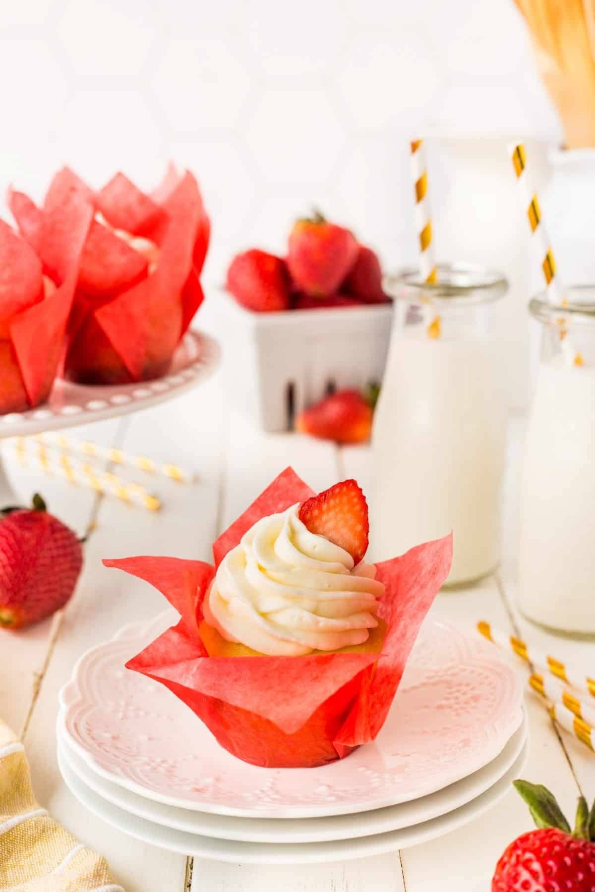 These 12 Canada Day Recipes are sure to please everyone at all your celebrations. Everyone will be diving in to enjoy all of these festive recipes. Cupcake on stack of plates.