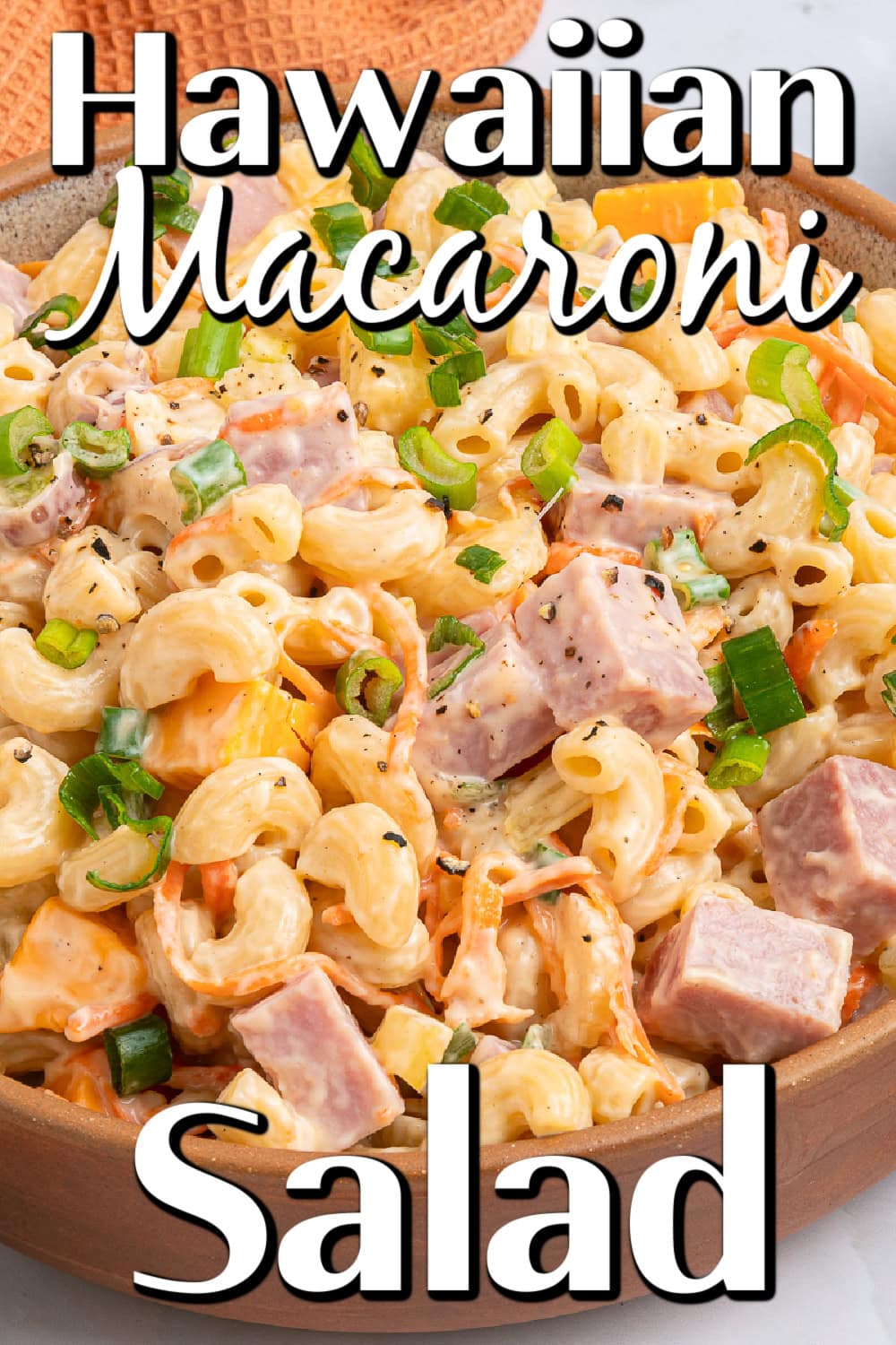 This Hawaiian Macaroni Salad is easy to pull together for a BBQ, gathering, picnic or even a lunchbox. It is inspired by a mouthwatering Hawaiian pizza. Hawaiian Macaroni Salad Pin.