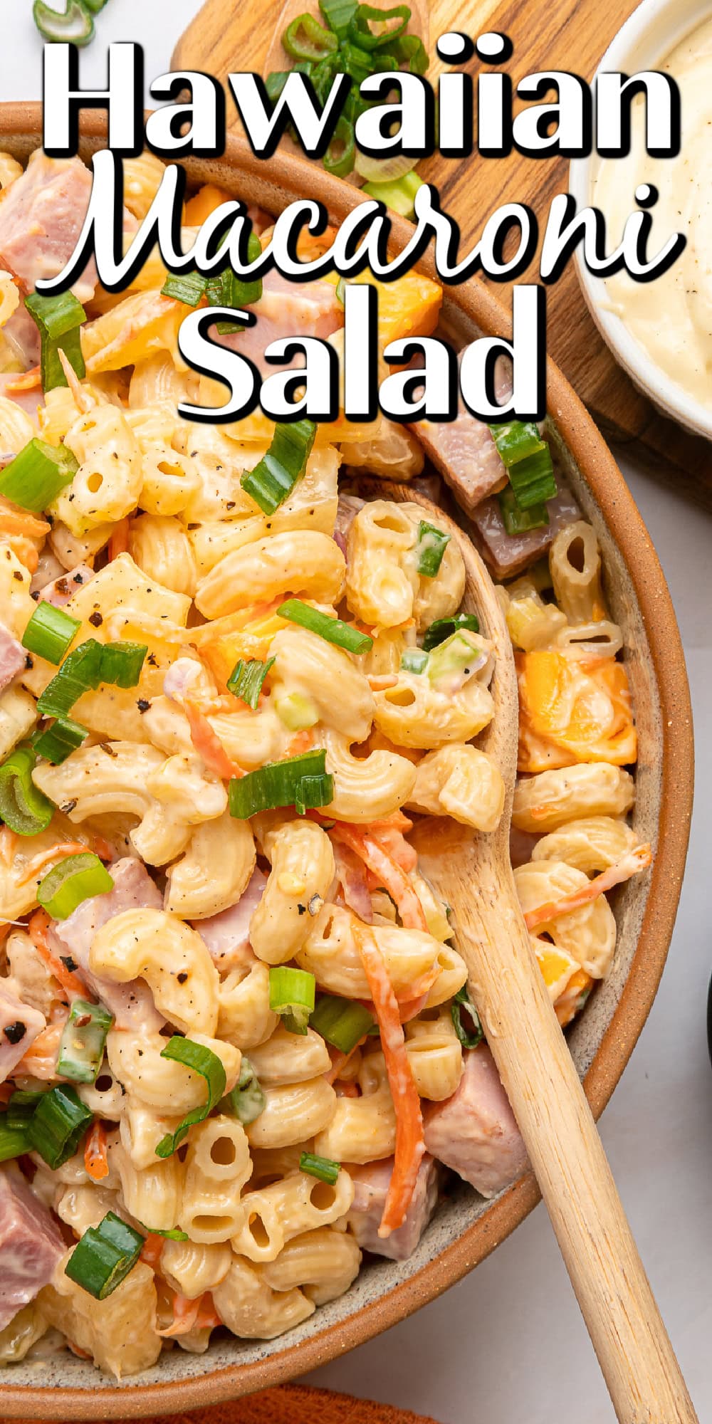 This Hawaiian Macaroni Salad is easy to pull together for a BBQ, gathering, picnic or even a lunchbox. It is inspired by a mouthwatering Hawaiian pizza. Hawaiian Macaroni Salad Pin.