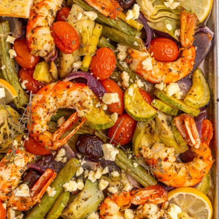 Mediterranean Shrimp Sheet Pan Dinner, served.