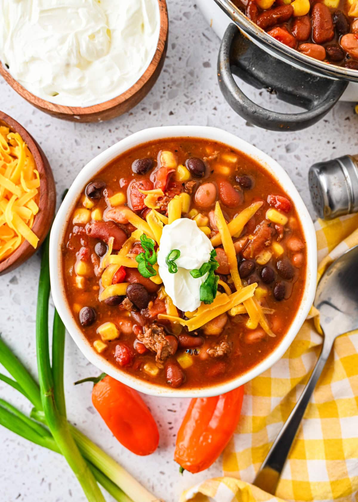 Overhead of a bowl of Seven Can Soup. 
