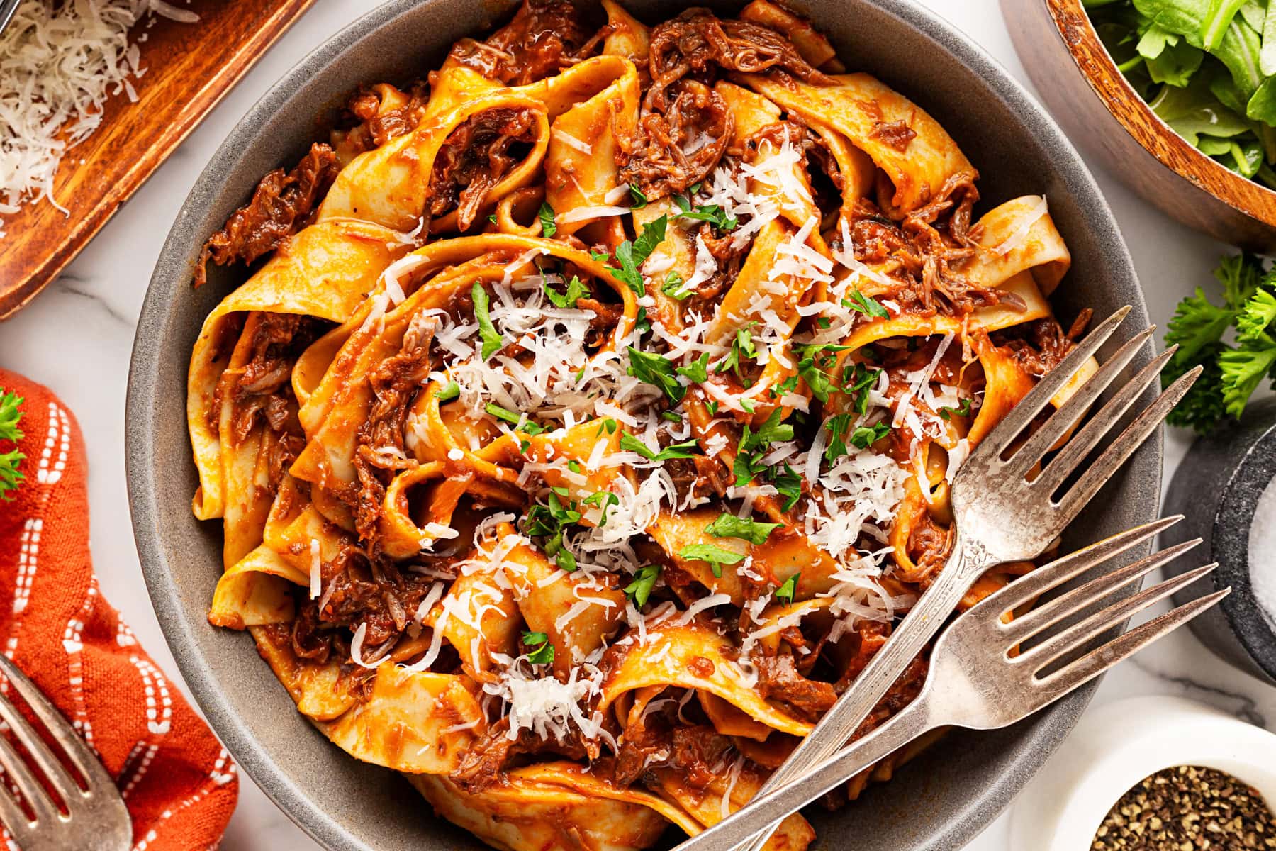Landscape photo overhead pasta in a bowl. 