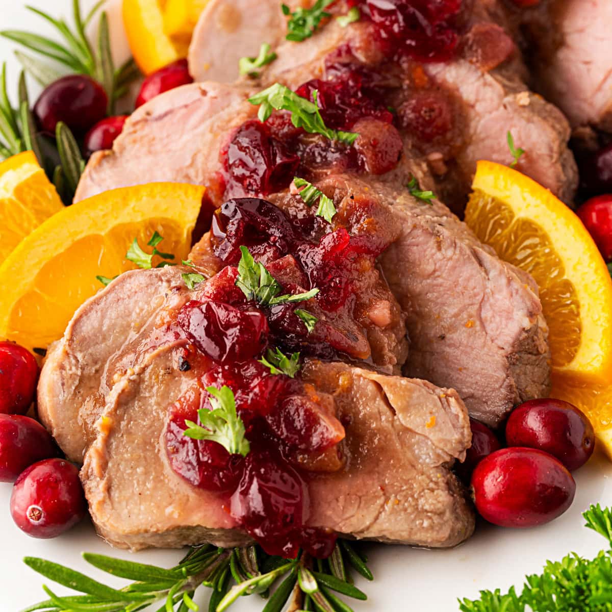 Close-up of sliced pork tenderloin. 