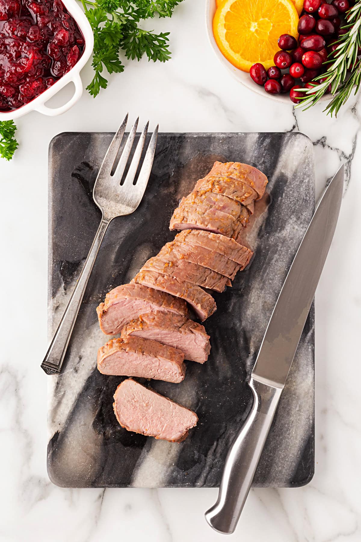 Pork tenderloin sliced. 