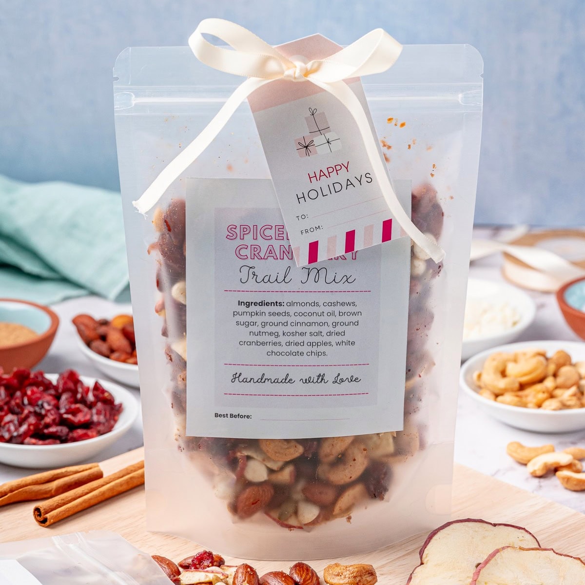 Close-up of the bag of trail mix. 