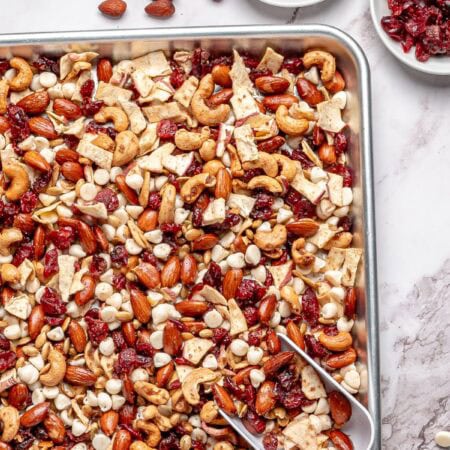 Trail Mix Recipe on a baking sheet.
