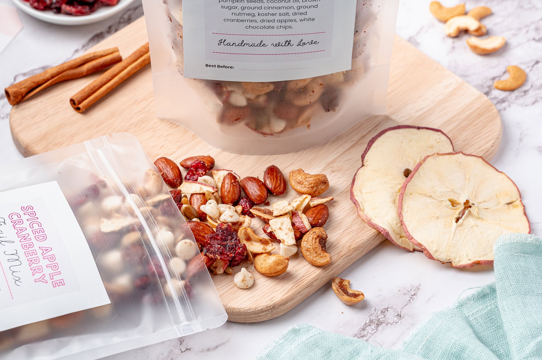 Bag tipped over and spilling trail mix.