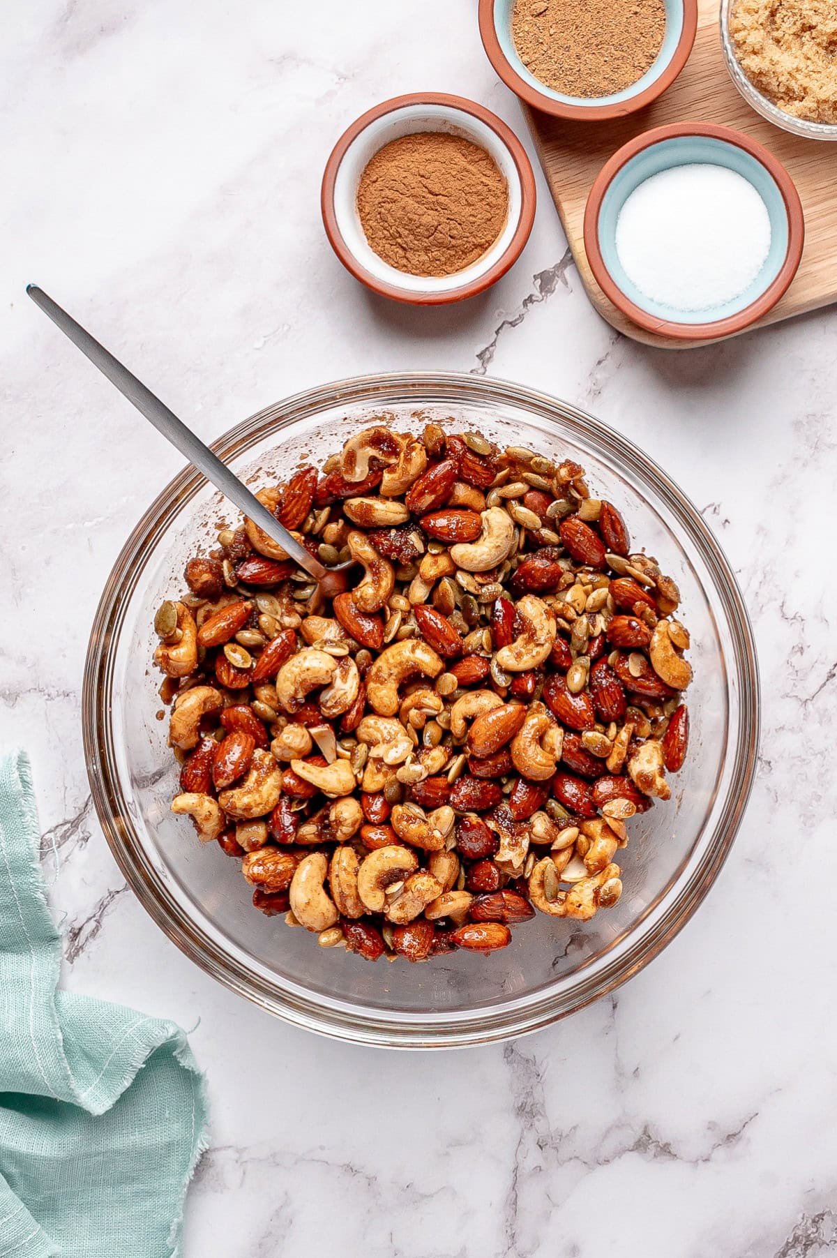 Nuts and seasoning mixed. 