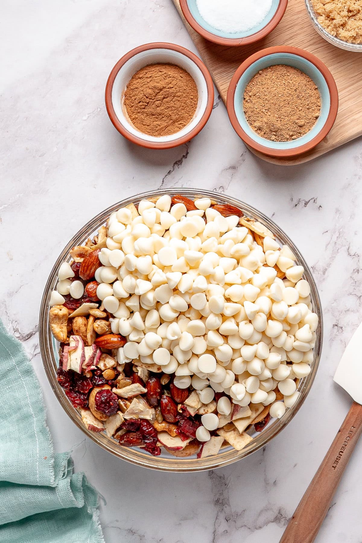 White chocolate chips added. 