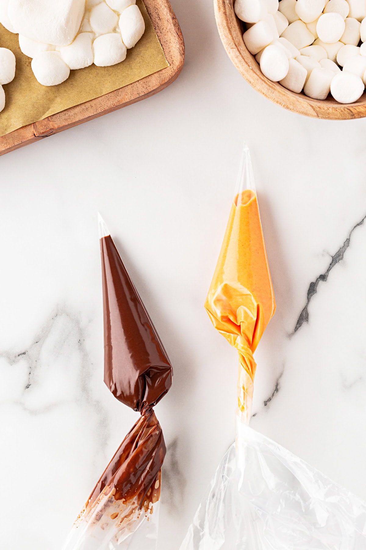 Chocolate in piping bags. 