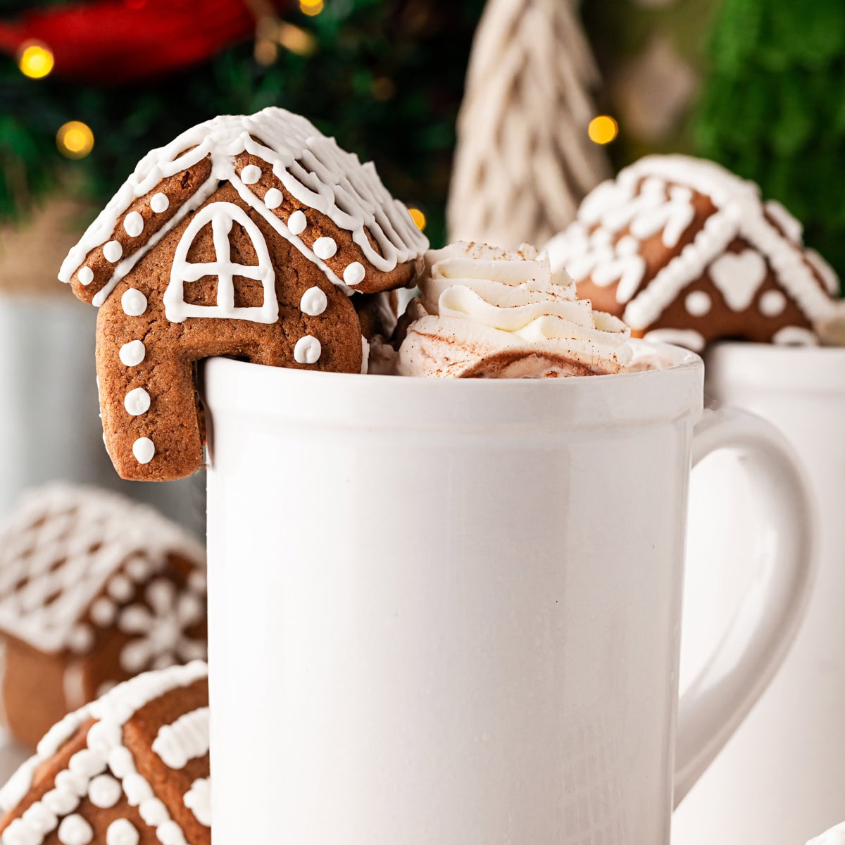 Gingerbread House on a hot chocolate mug. 