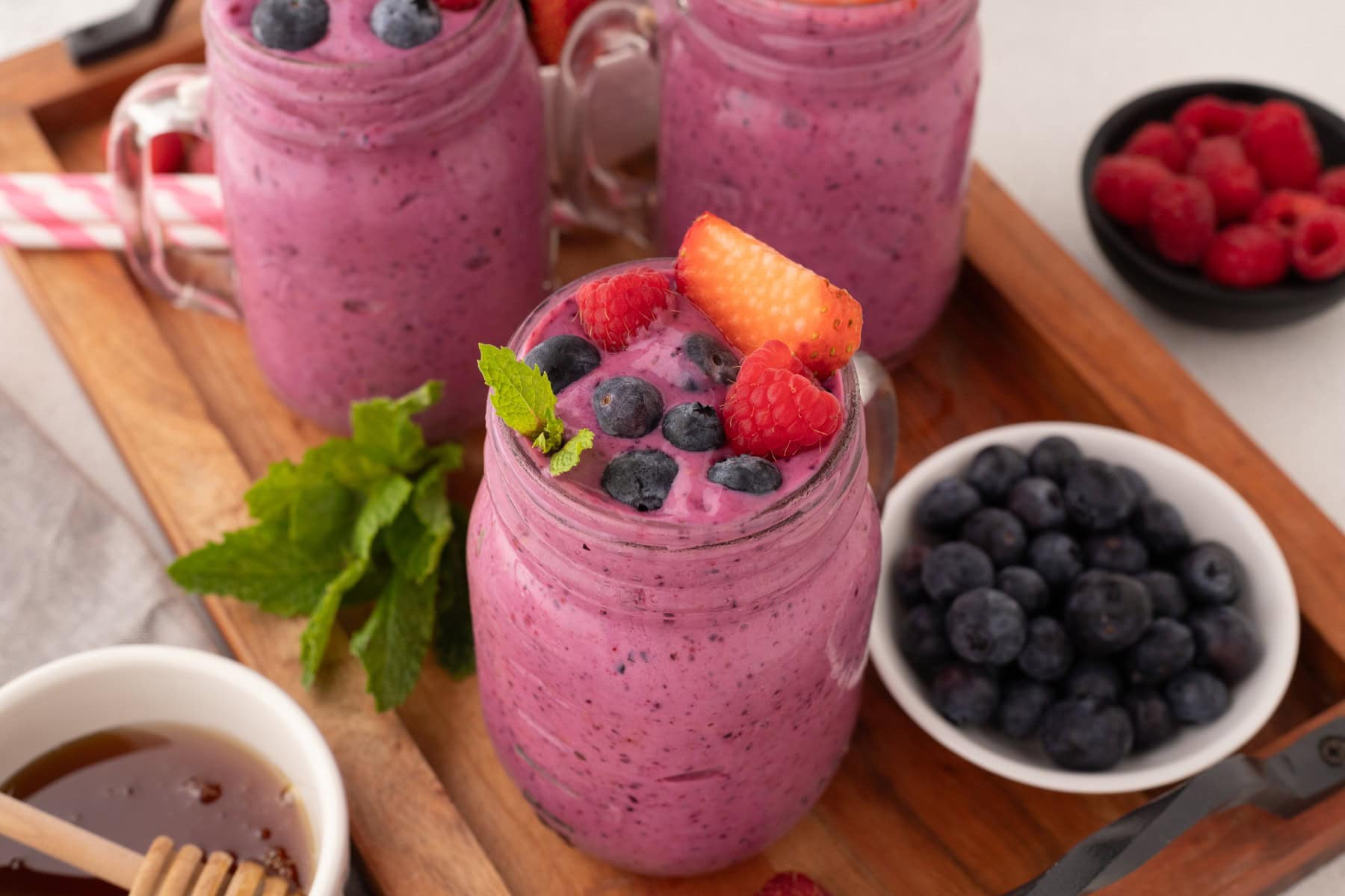Landscape of smoothies on a board. 