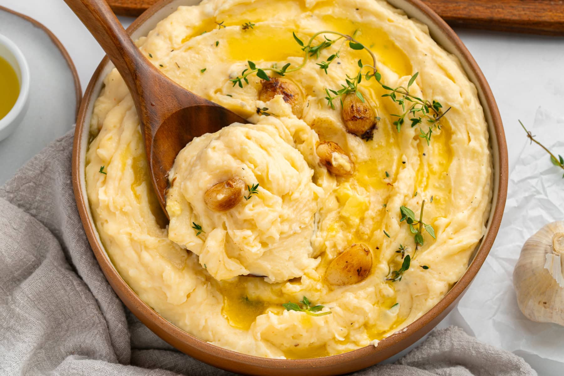 Roasted garlic mashed potatoes, spooned.