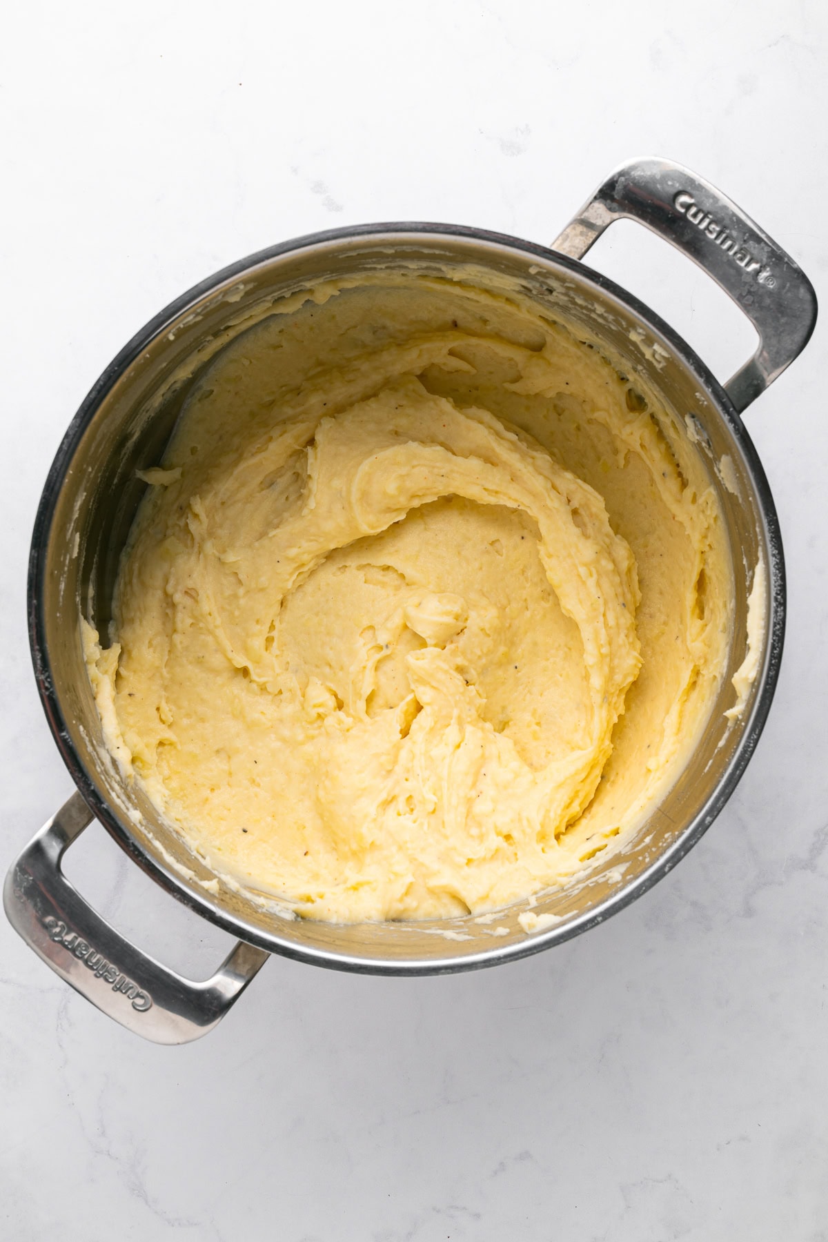 Roasted garlic mashed potatoes in a pot.