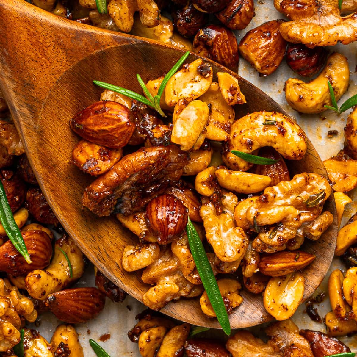 Close-up of Spiced Nuts on a spoon. 