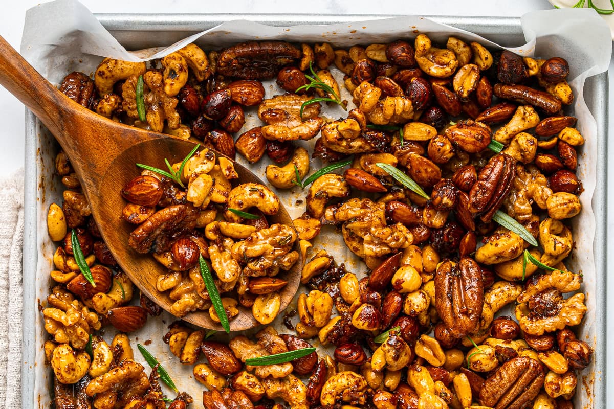 Freshly baked spiced nuts.