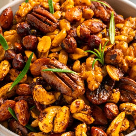Close-up of a bowl of Spiced Nuts.