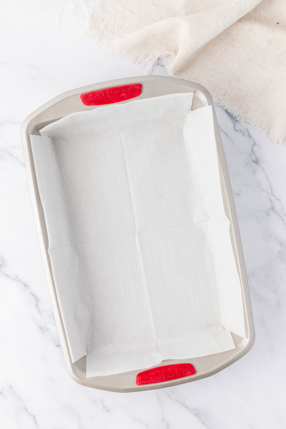 Baking pan with parchment.