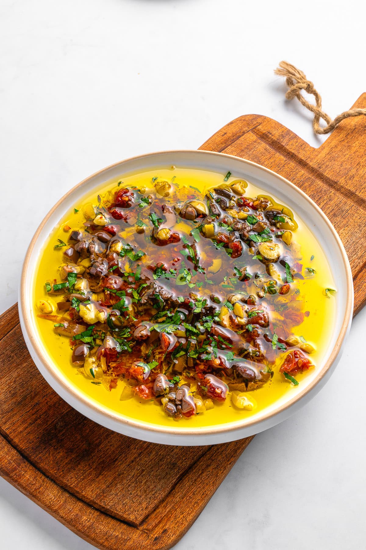 Bread dipping oil served in a shallow dish.
