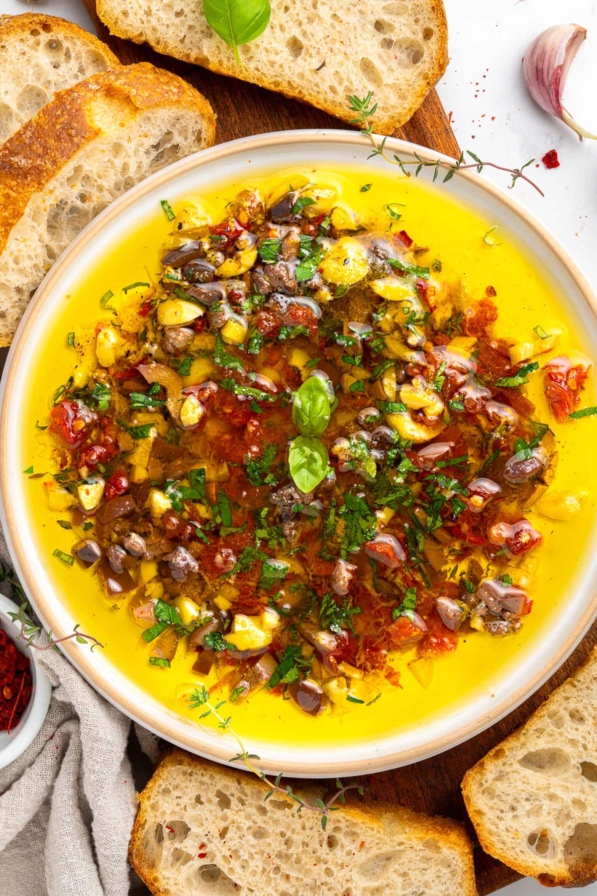 Bread dipping oil served with crusty bread.