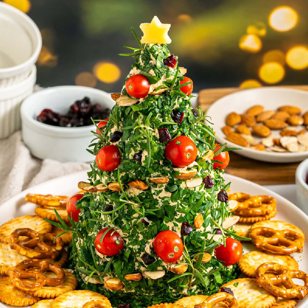 Cheeseball in the shape of a Christmas Tree. 