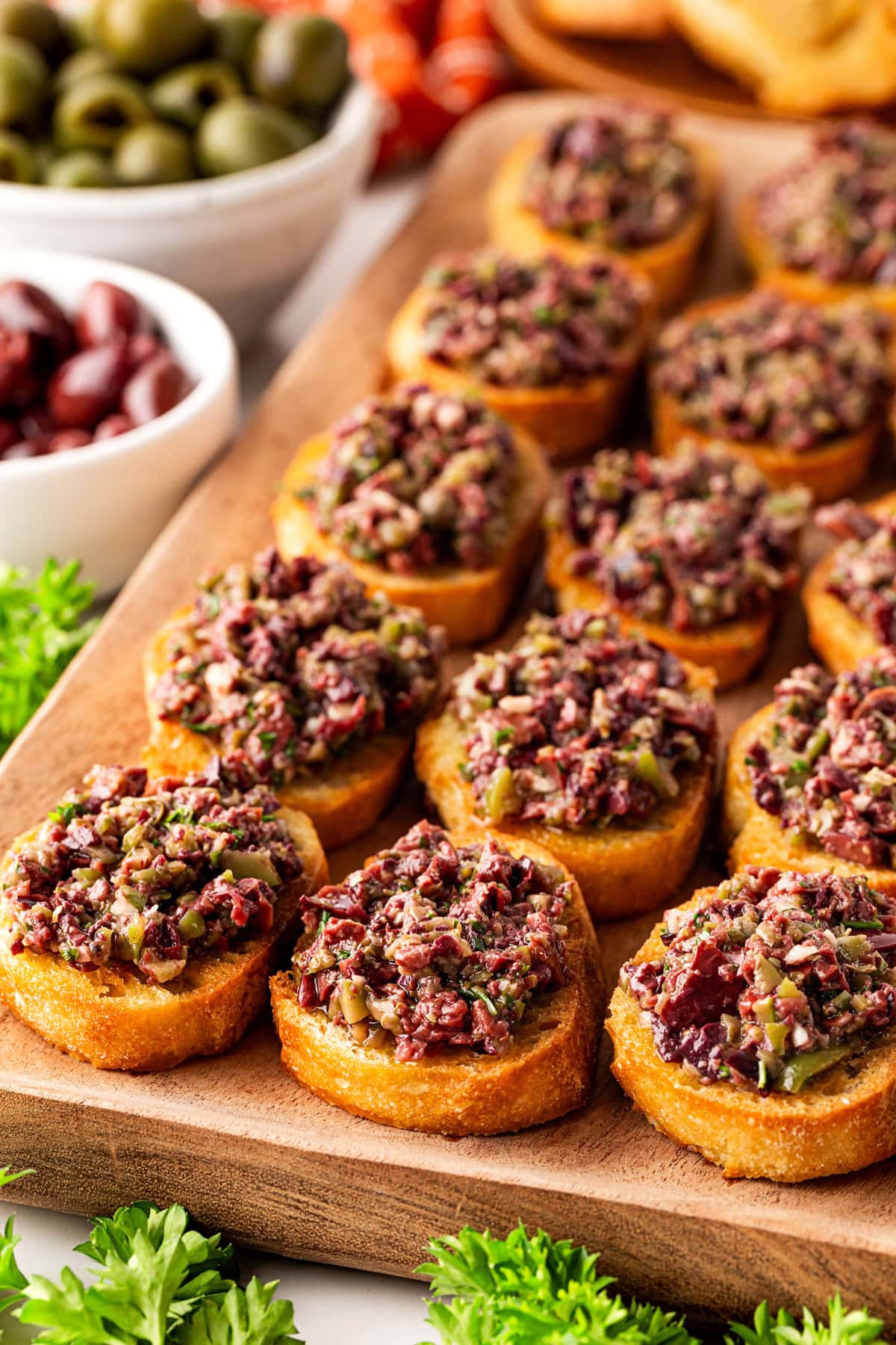 Olive Tapenade Recipe served on crostini. 