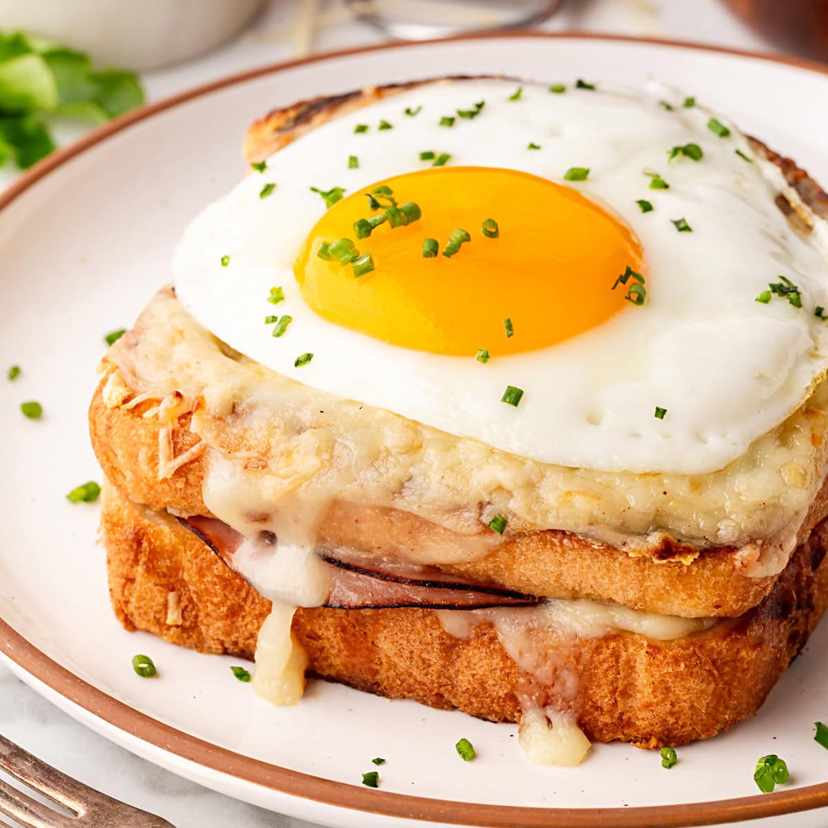Close-up of a Croque Madame. 
