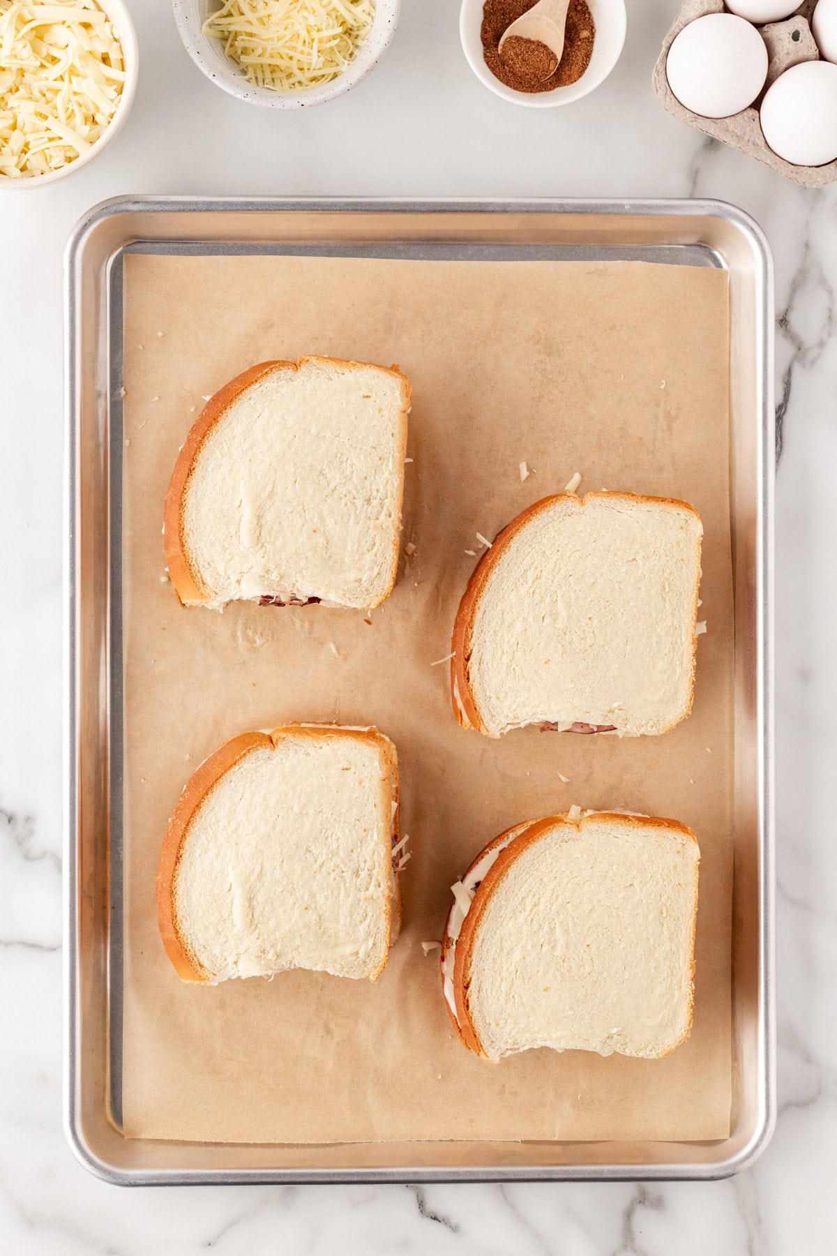 Sandwiches ready for grilling. 