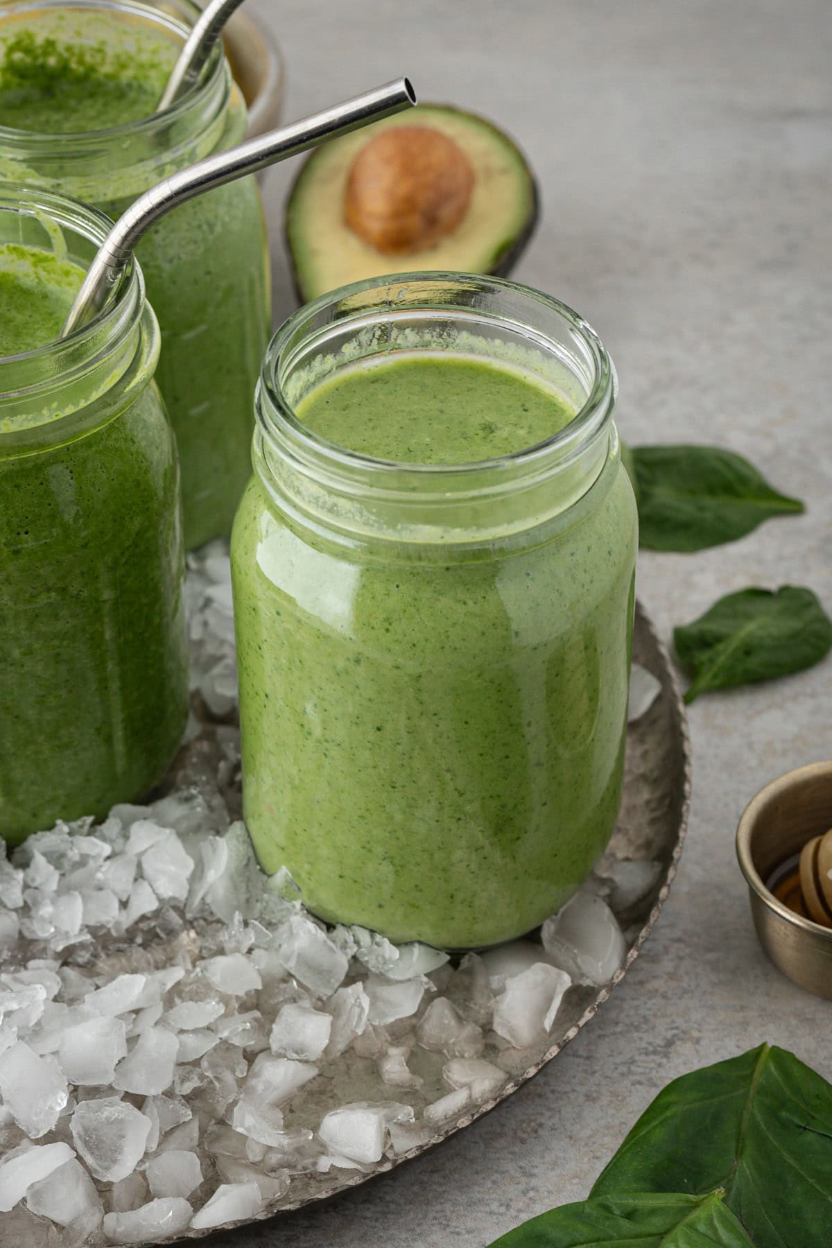 Smoothie in a jar on ice. 