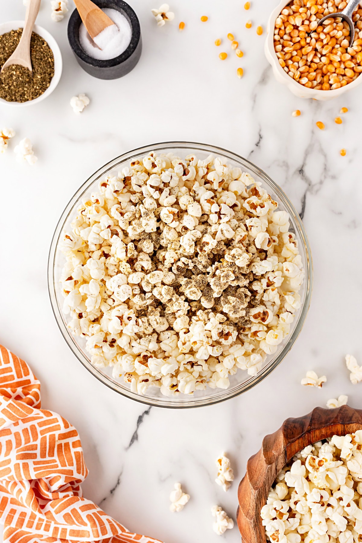 Seasoning added to popcorn.