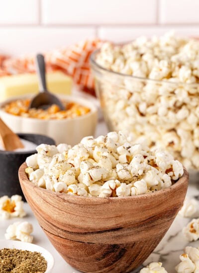 Popcorn in a wooden bowl.