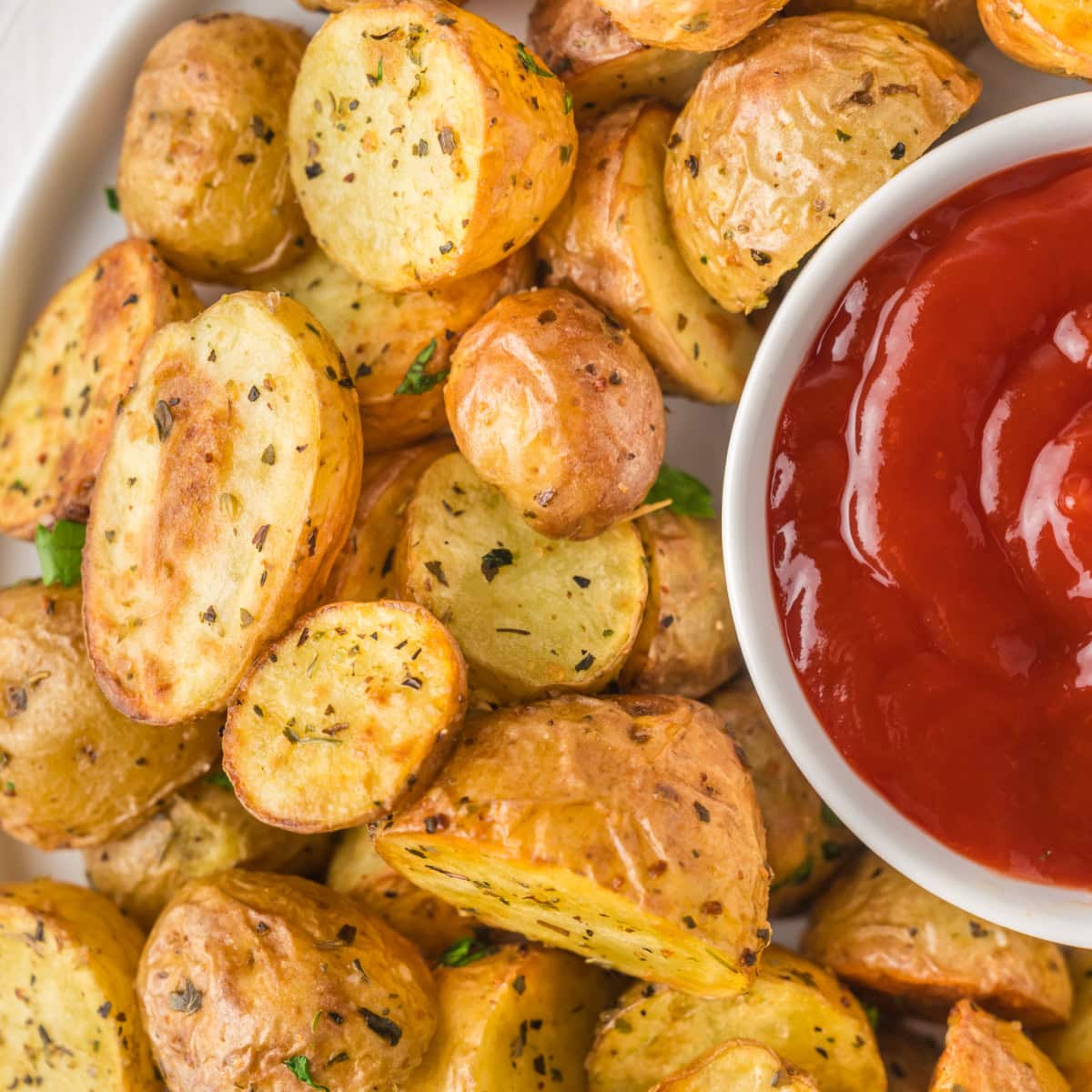 Overhead, close-up of golden potatoes. 