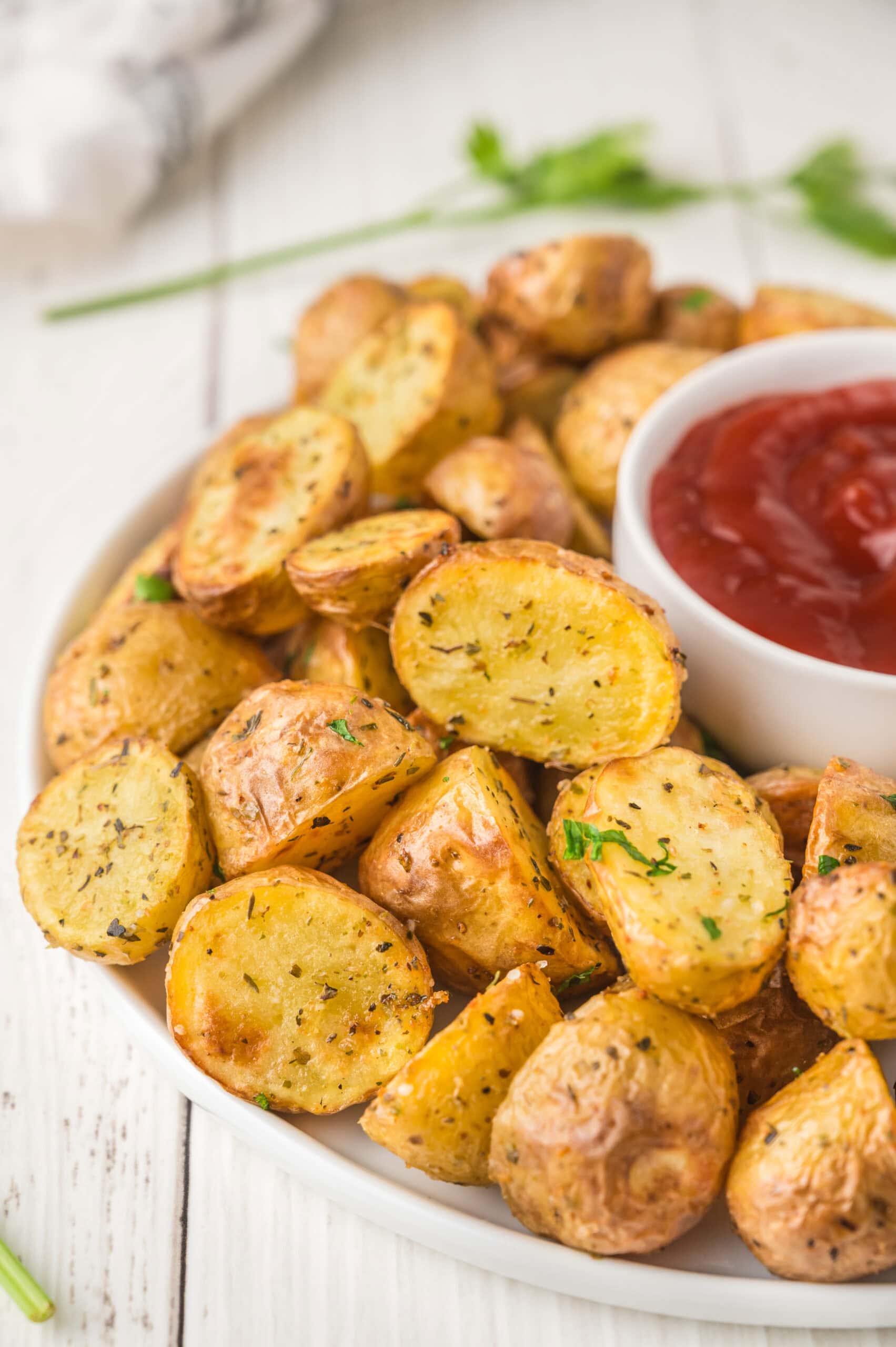 Air Fryer Baby Potatoes with ketchup. 