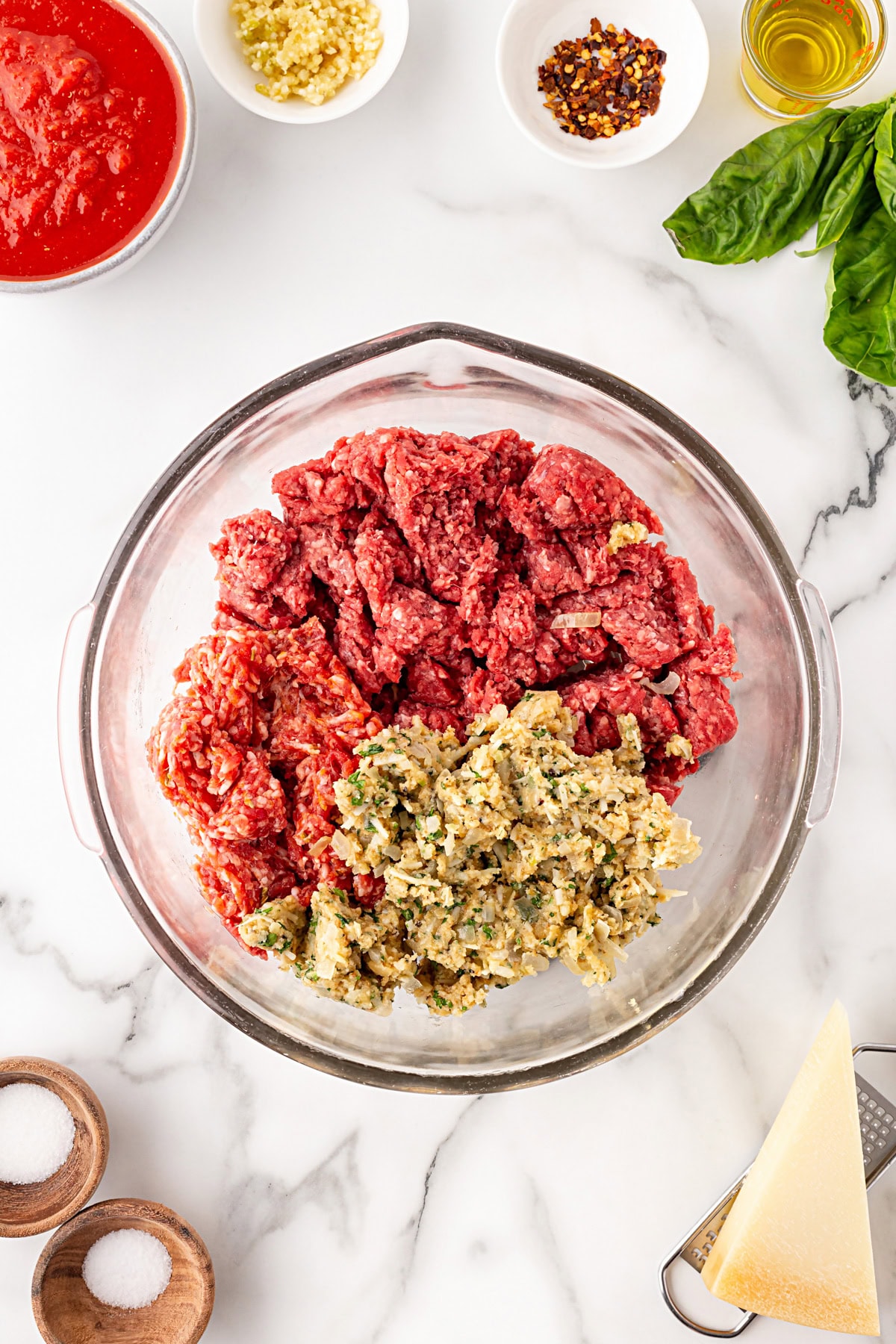 Bread crumb mixture added to the meat. 