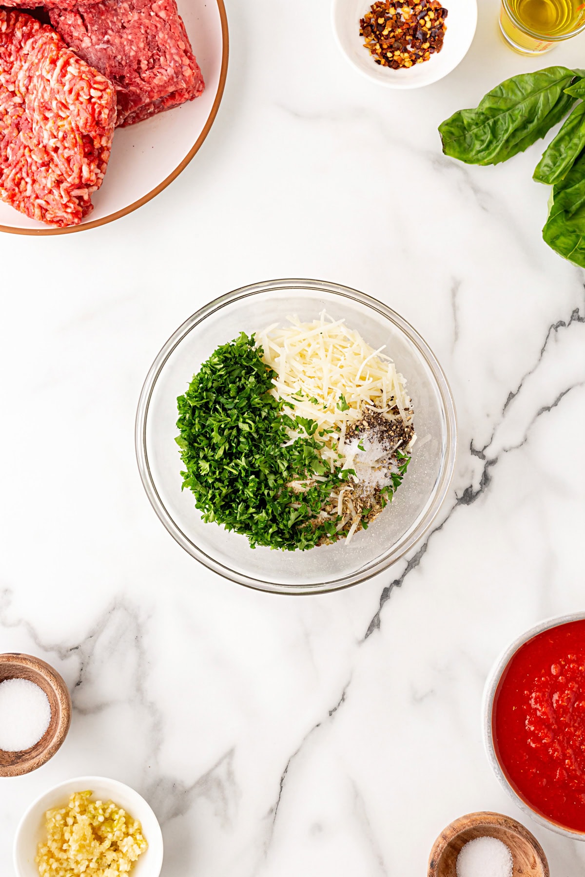 Parsley, cheese, bread crumbs and spices. 