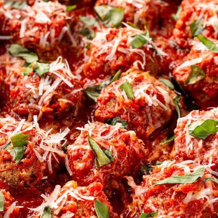 Close-up of baked meatballs.