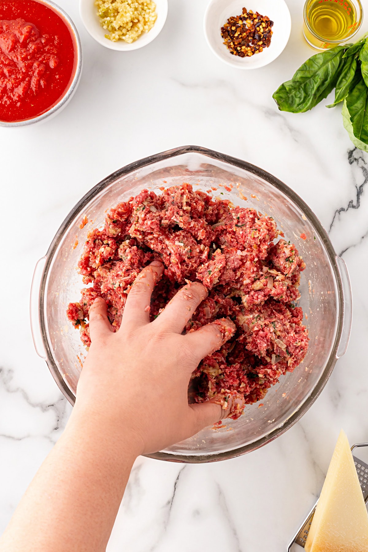 Mixing the meat. 