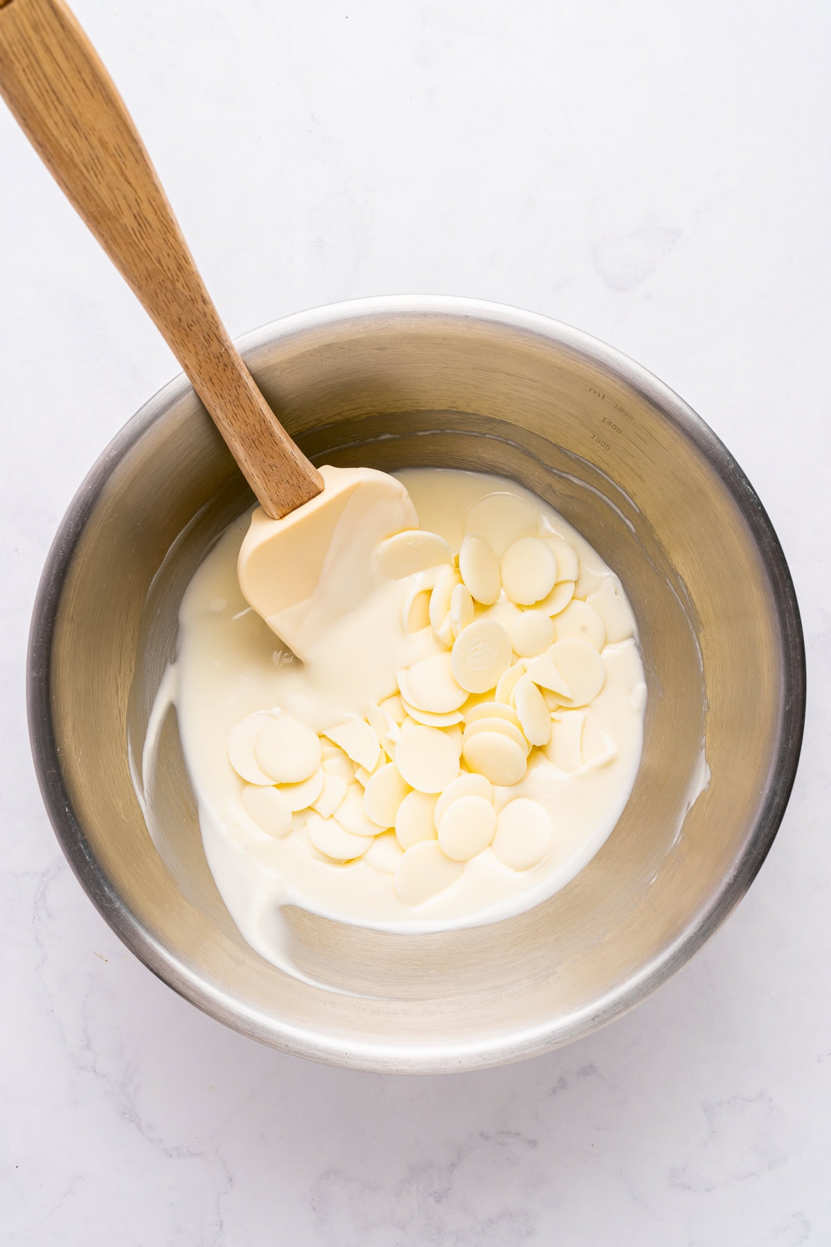 Tempering white chocolate.