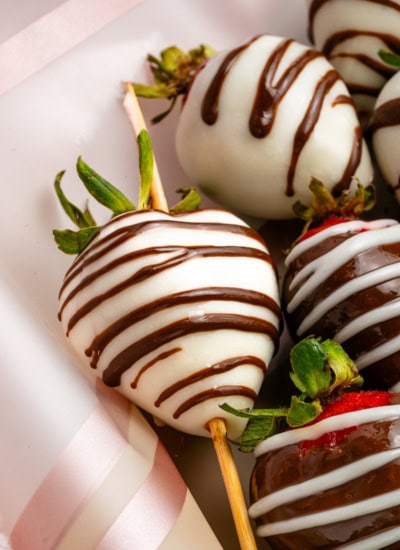 Close-up of a white chocolate strawberry.