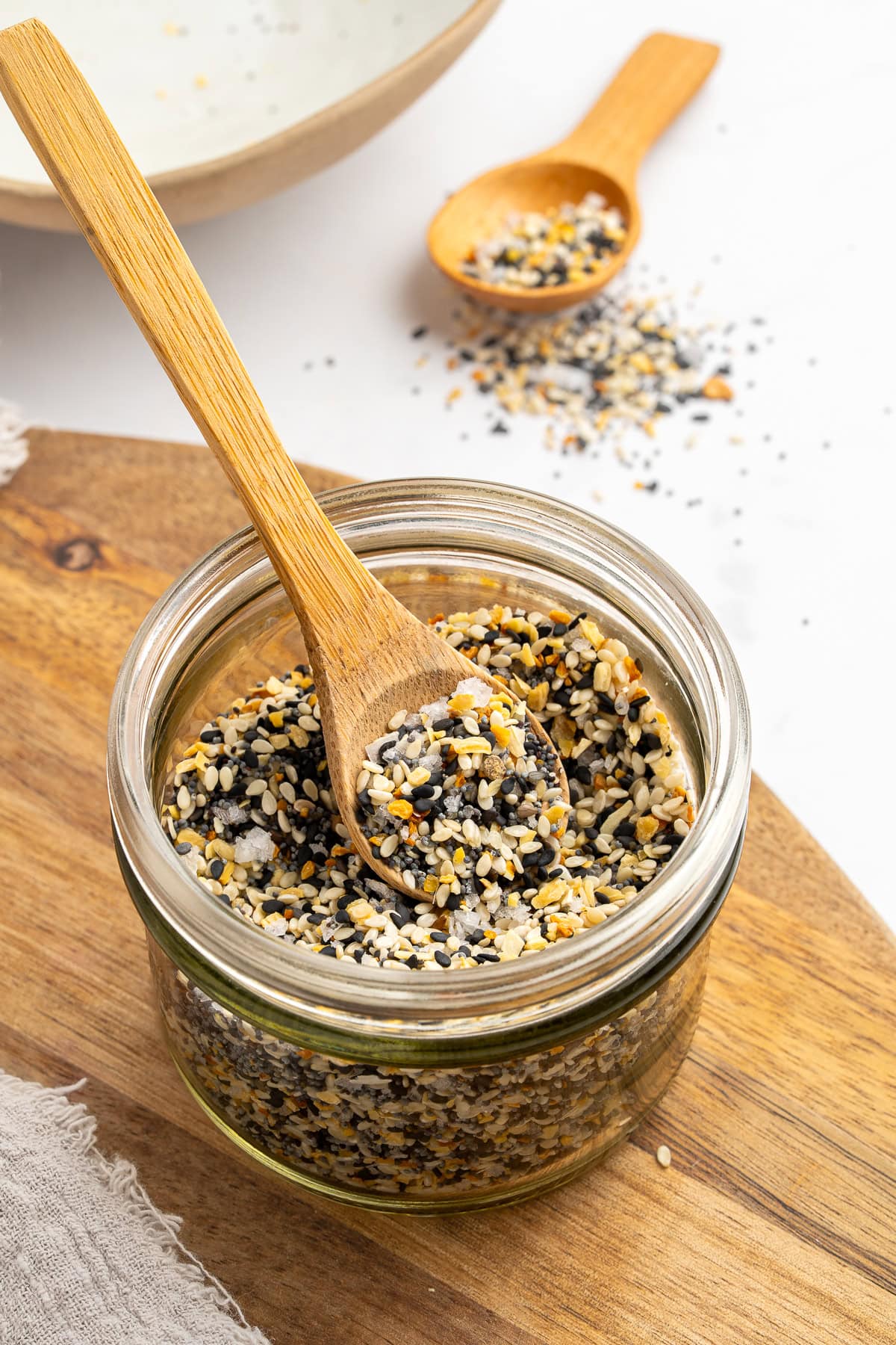 Everything bagel seasoning in a small jar.