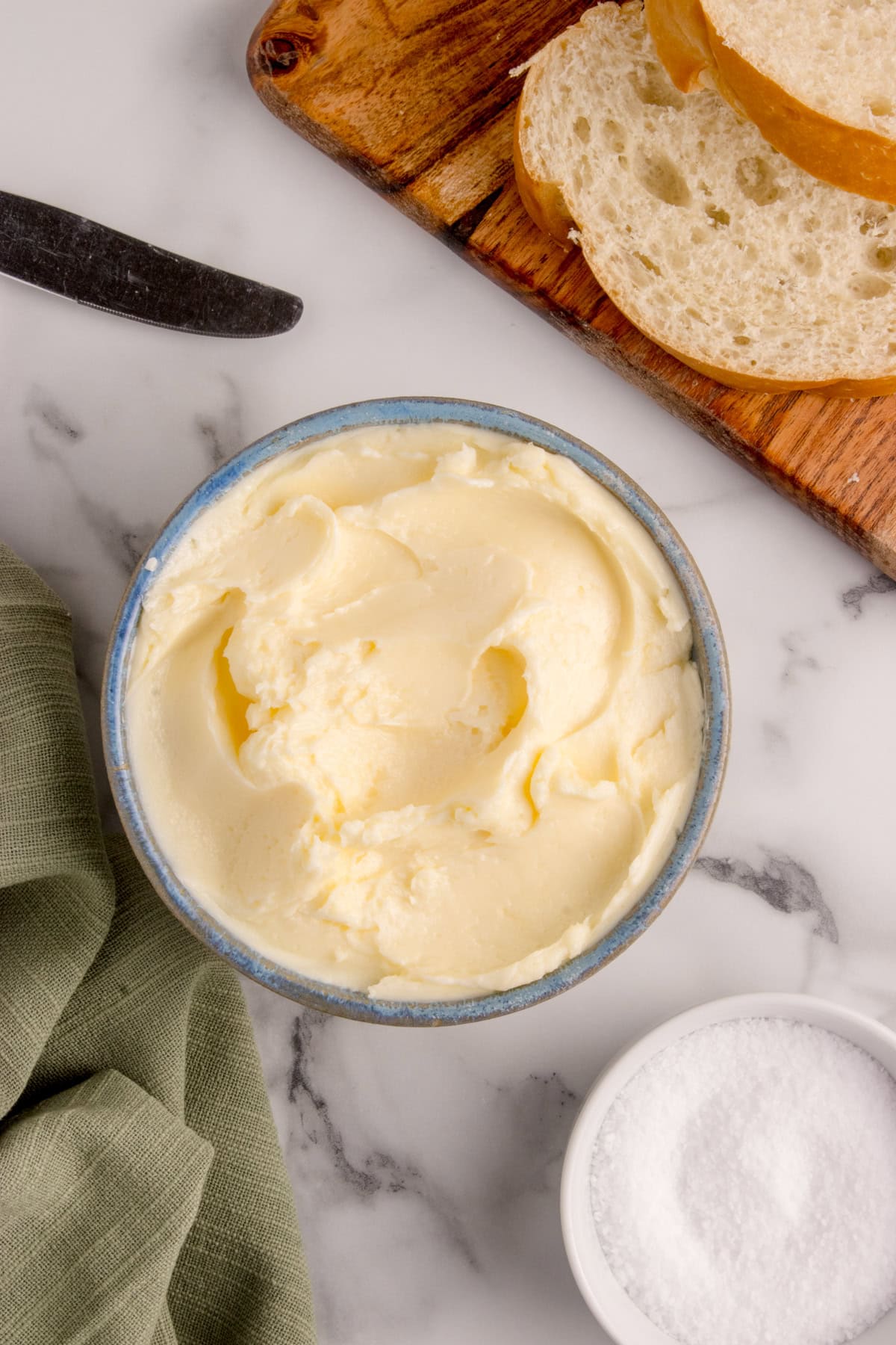 Overhead of butter in a bowl. 