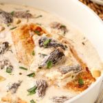 Creamy Chicken with Morels in a pan.