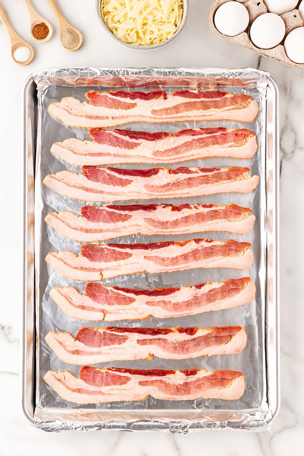 Bacon on foil-lined baking sheet.