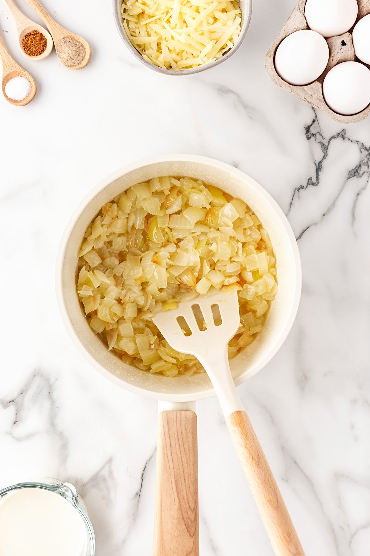 Cooked onions in a pan. 