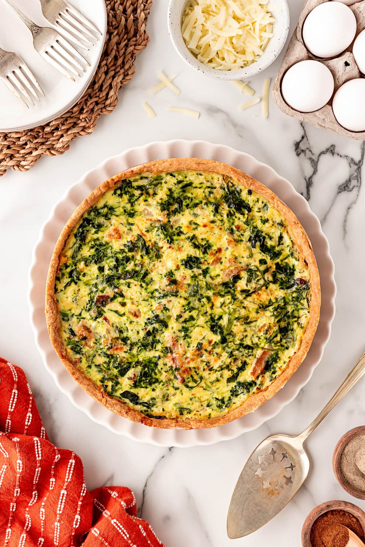 Baked overhead shot of the deep dish quiche. 