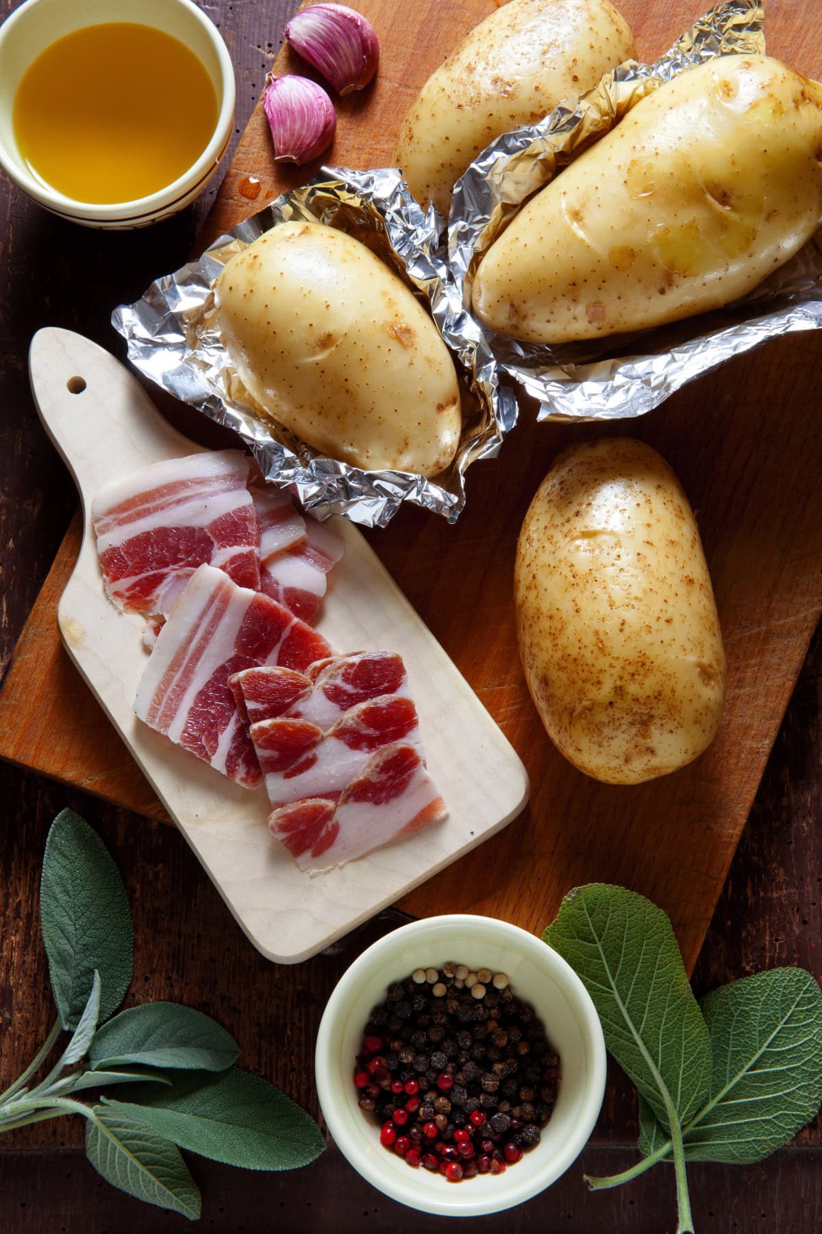 Preparing potatoes and bacon. 
