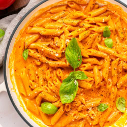 Overhead of Ros&eacute; Pasta Sauce with penne.