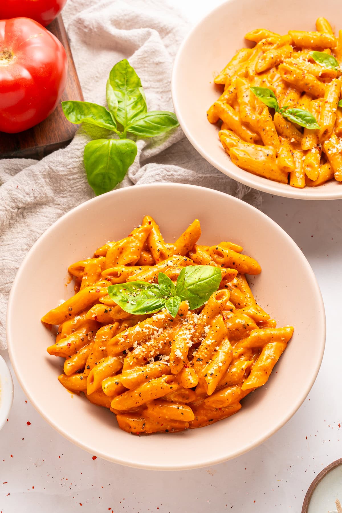 Penne with Rose pasta sauce, served.