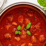 Overhead of sauce in pan.