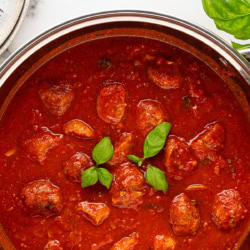 Overhead of sauce in pan.